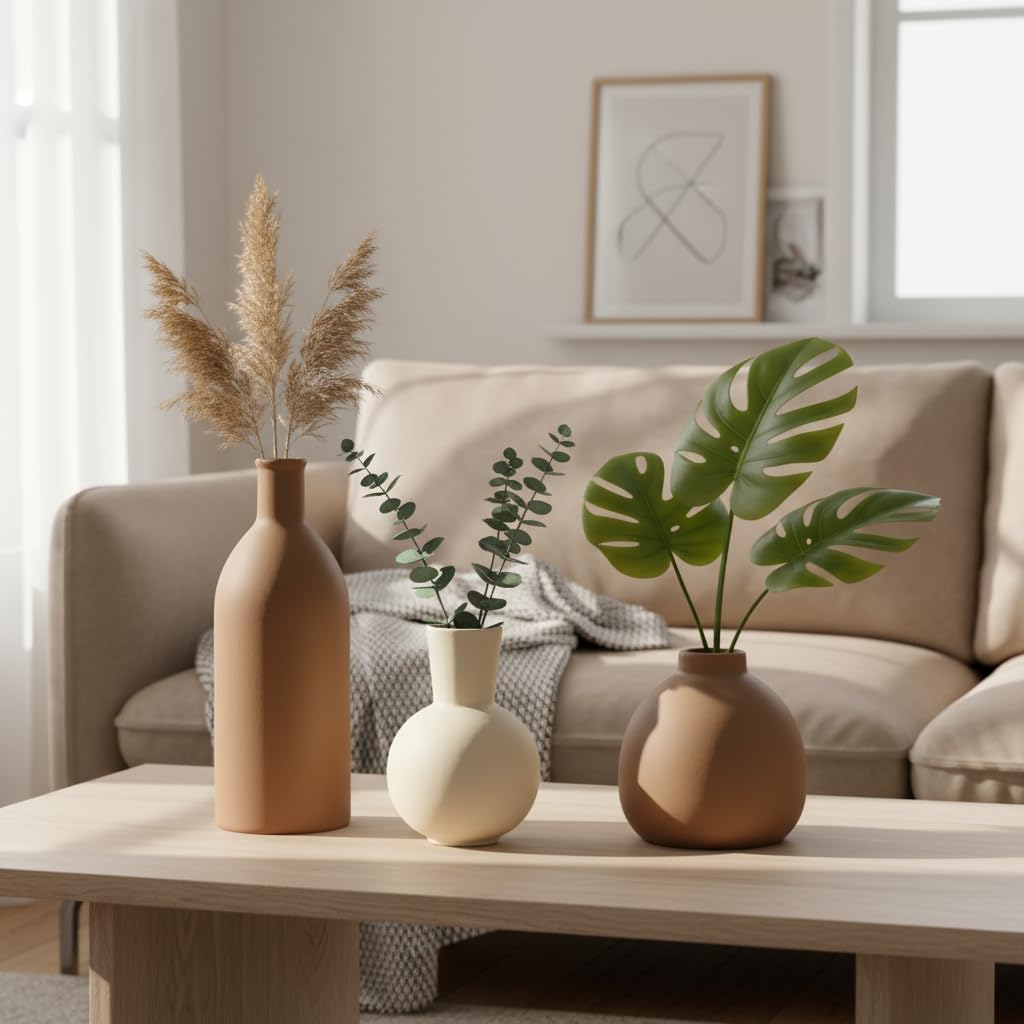 Ceramic Vase Set of 3, Modern Minimalist Farmhouse Style Home Decor Vases, Ideal for Pampas Grass & Dried Flowers, Perfect for Kitchen, Bedroom, Living Room & Dining Table Centerpiece(Brown)