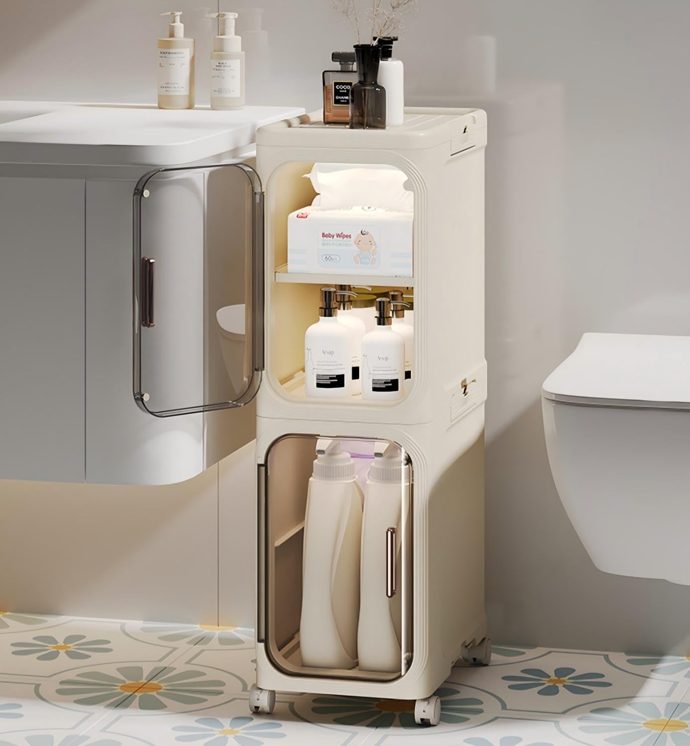 2-Tier Slim Bathroom Storage Cabinet, Narrow Storage Cabinet with Wheels, Adjustable Shelves, Magnetic Doors, Water-Proof, Anti-Tip Skinny Organizer Cabinet for Small Space, Cream White