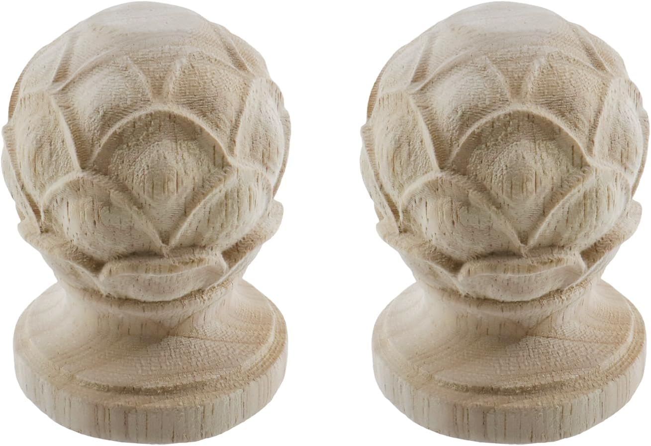 HEVSTIL Decorative Wooden Finials 2-Pack (3.54"x2.2") - Rustic Curtain Rod End Caps - Unfinished Turned Wood Spires for Bed Posts, Flagpole Toppers & Craft Projects