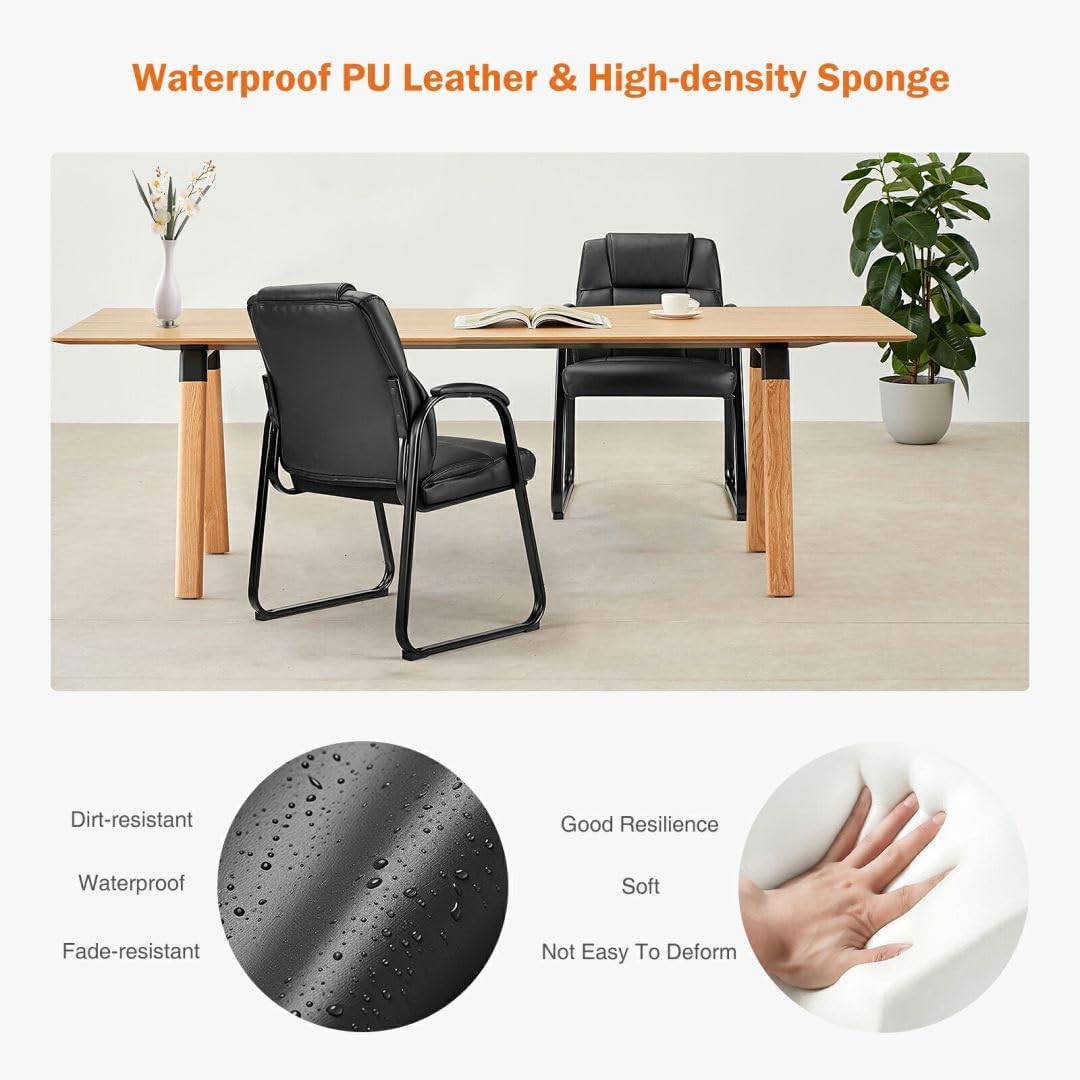 PU Leather Conference Room Chair, Tall Back Chairs with with Padded Arms and No Wheels, Guest Chair for Reception Waiting Room Black