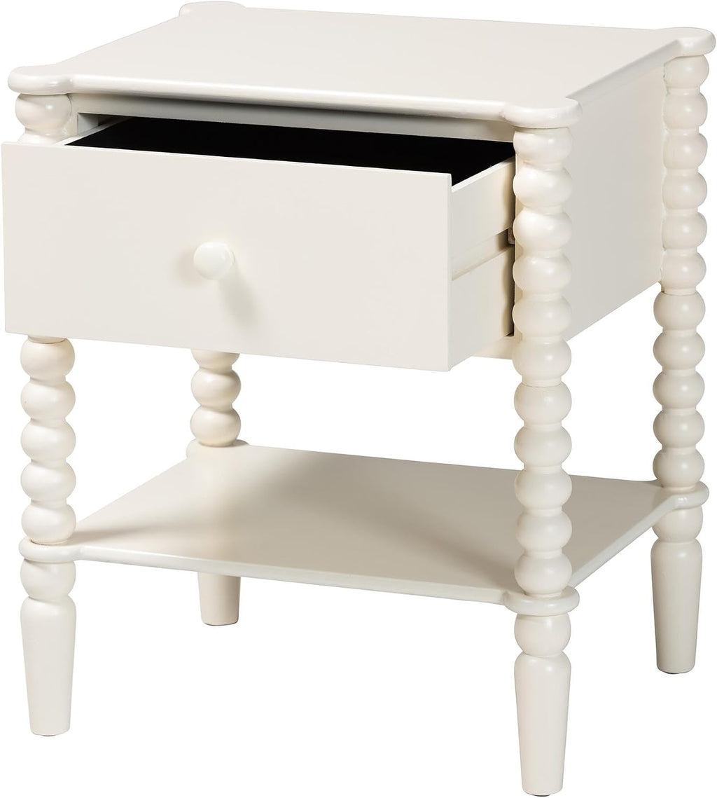 Baxton Studio Rimona End Table with Bobbin Legs - 1-Drawer Accent Table with Spindle Turned Legs and Open Shelf, Cottage Farmhouse Style Side Table for Living Room