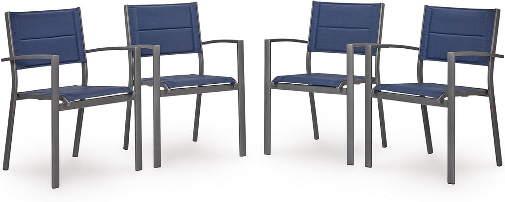 Signature Design by Ashley Point Bonita Set of 4 Outdoor Chairs with Padded Sling Seat, Stackable Aluminum Lounge Chairs for Patio and Porch Seating, Gray Frame with Blue Sling