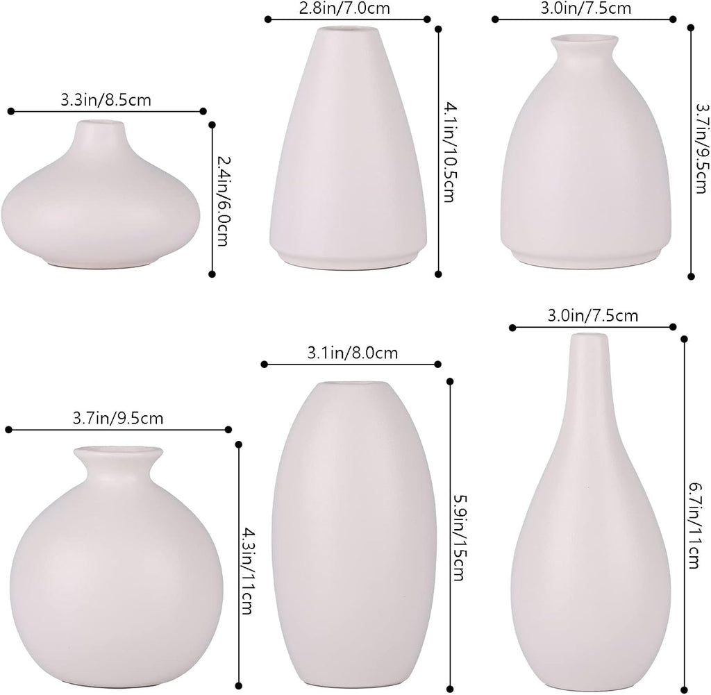 Set of 6 Matte White Small Vases for Flowers, Ceramic Bud Vase Bulk Boho Centerpieces for Tables, Mini Short Vase Modern Bulk Wedding Centerpieces Ikebana Vases for Bridal Shower/House Warming Gift