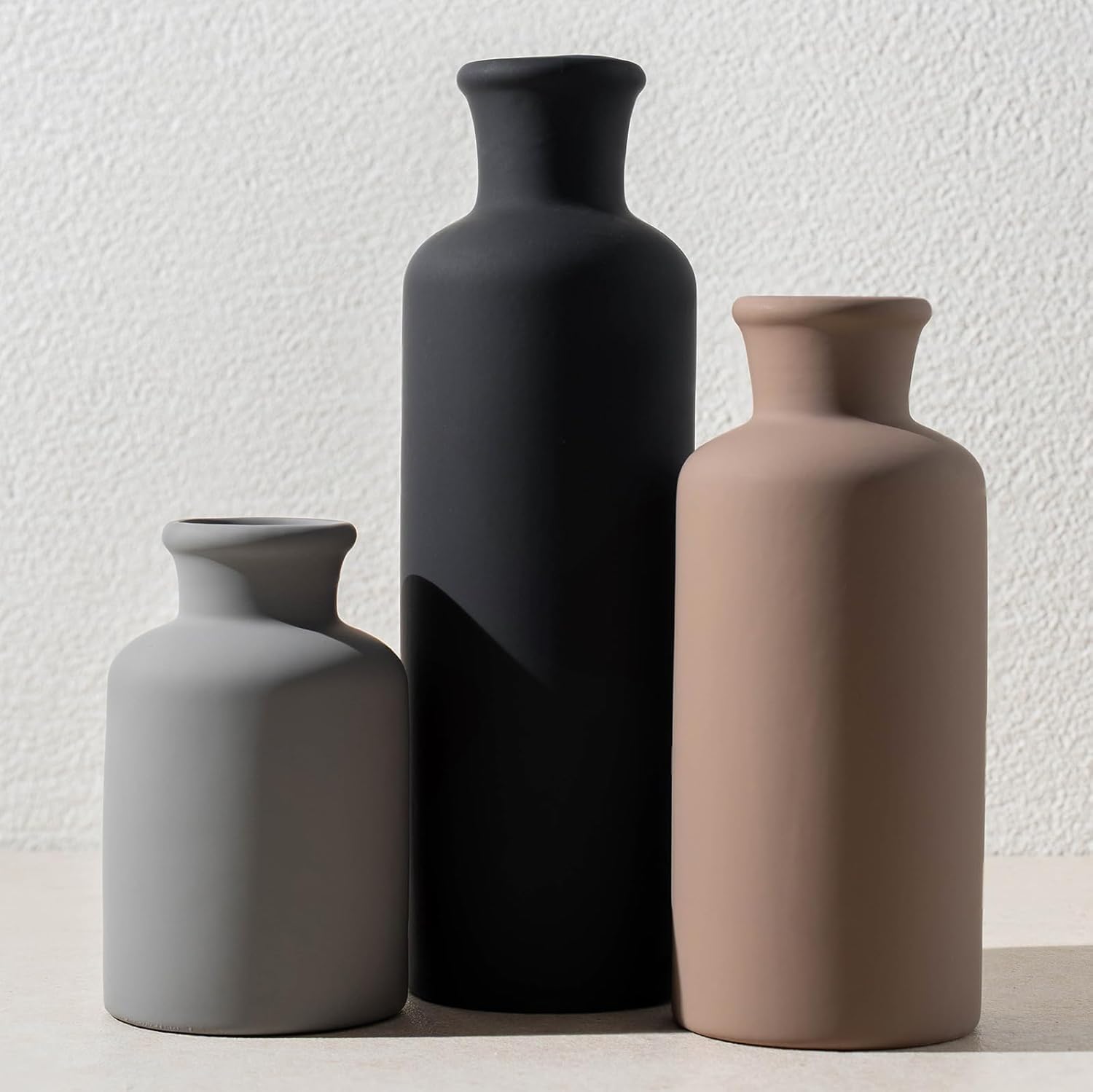 Ceramic Vase Set of 3, Modern Minimalist Neutral Home Decor, Boho Rustic Farmhouse Decorative Vases for Pampas Grass Dried Flowers | Table Centerpiece Entryway Mantel Bookshelf(Black Mix Set - Gray#2)