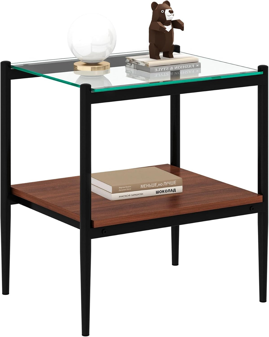 mikibama Set of 2 Rectangle Small End Tables,Tempered Glass Sofa Side Table with MDF Storage Shelf,Metal Legs,Modern Table for Living Room,Bedroom,Small Space,Office,Transparent+Black