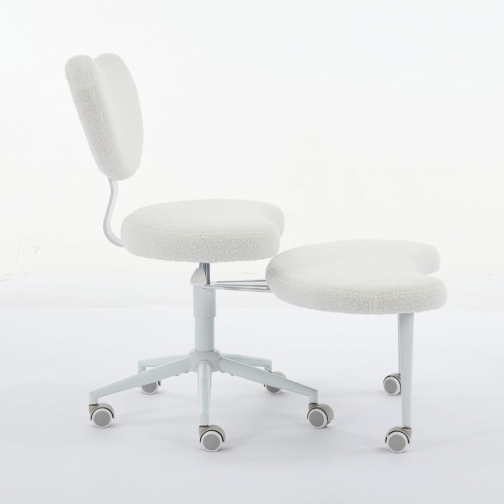 Cross Legged Office Chair with Wheels–360°Swivel Meditation Chair, Adjustable Height Yoga Office Chair for Adults, Ergonomic Kneeling Chair with Back Support for ADHD,Teddy Fabric Ivory