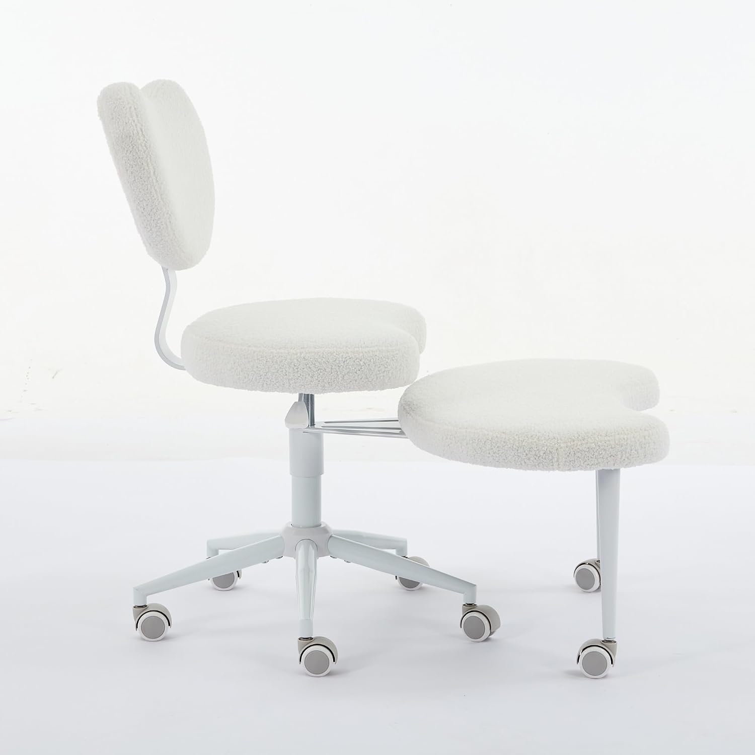 Cross Legged Office Chair with Wheels–360°Swivel Meditation Chair, Adjustable Height Yoga Office Chair for Adults, Ergonomic Kneeling Chair with Back Support for ADHD,Teddy Fabric Ivory