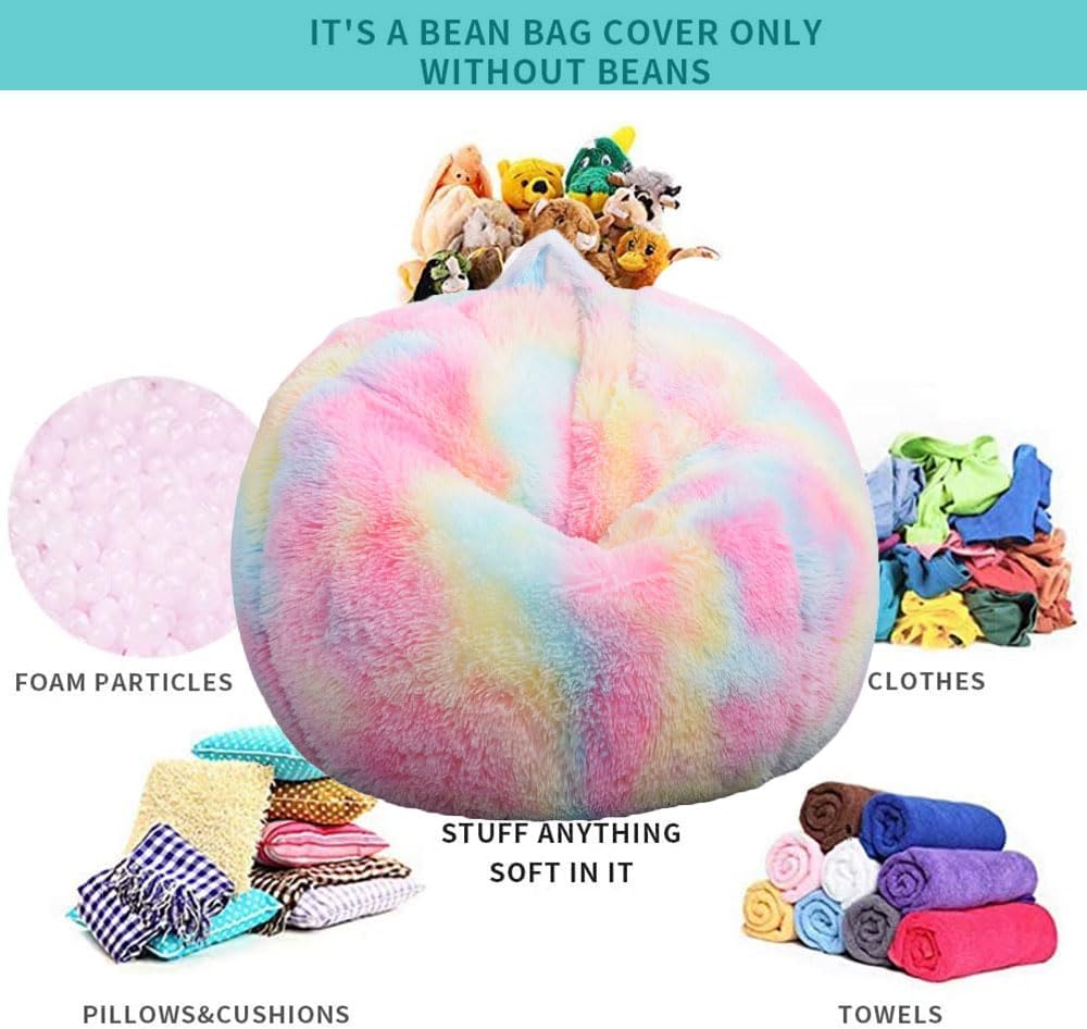 Fluffy Stuffed Animal Storage Bean Bag Chair Cover (No Filler), Faux Fur Comfy Bean Bag Cover for Organizing Plush Toys or Textile, for Adults Teens Kids Girls, Rainbow