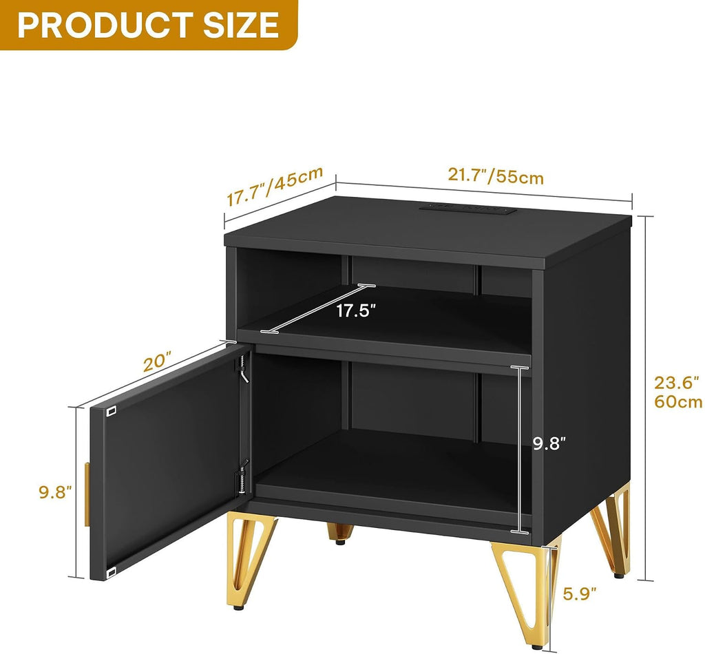 DWVO Nightstand with Charging Station, Metal Night Stand Set 2, Small Bedside End Tables, Modern Side Tables, Night Stand, Set of 2, Black