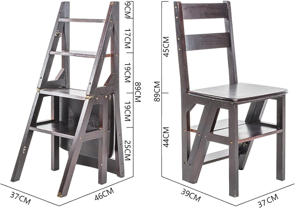 Solid Wood Folding Ladder Chair 4Step Library Ladder Convertible Step Stool Display Stand for Adults(Walnut)