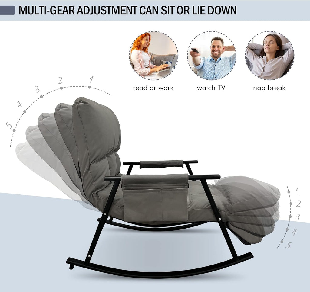 Modern Rocking Chair Accent Rocker Armchair Reading Chair Nursery Chair with Side Pocket Adjustable High Back