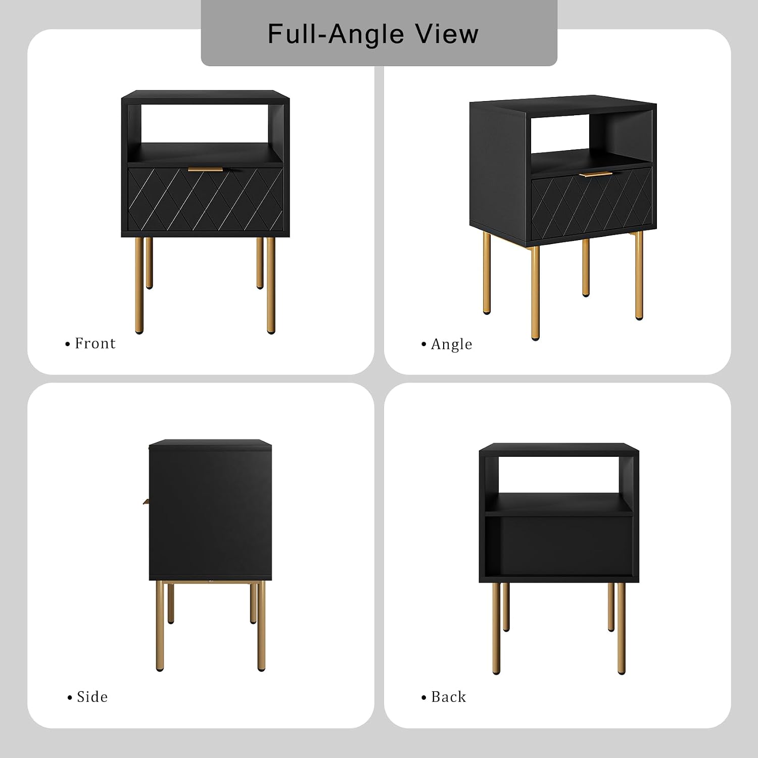 Aienvey Nightstand with Charging Station, Small Side Table, Modern Night Stand with Drawers, Bedside Table for Bedroom, Living Room End Table (Black Rhombus)