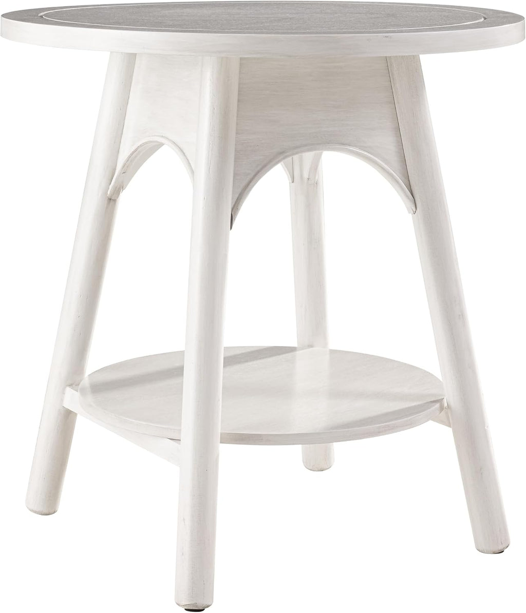 Distressed Farmhouse End Table with Shelf, Modern Round Side Table for Bedroom, White