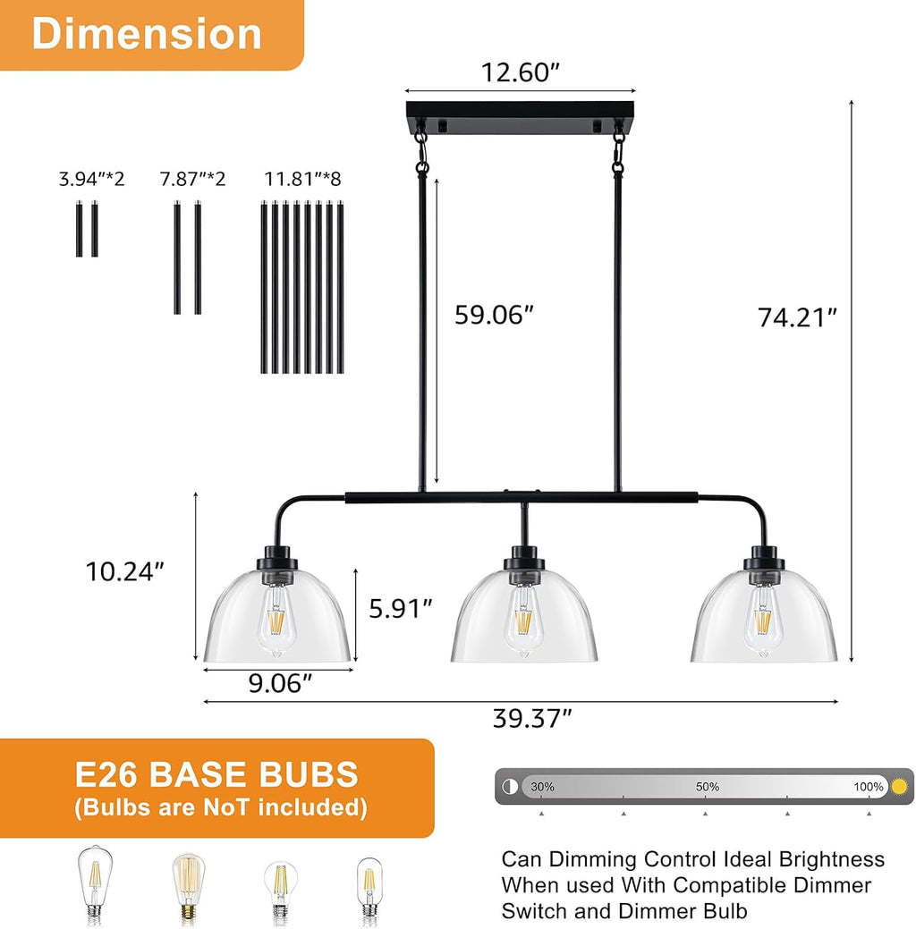 GoYeel 39.37" Kitchen Island Lighting, Large Dining Room Chandelier Over Table Black Pendant Lights Kitchen Island with 3 Big Clear Glass Dome,Height Adjustable,E26 Base