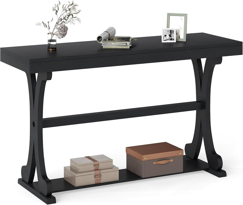 Giantex 52" Narrow Console Table, Vintage Accent Entryway Table with Open Storage Shelf, Long Wooden Behind Couch Sofa Table with Anti-tip Kit for Small Spaces Living Room Hallway (Black)