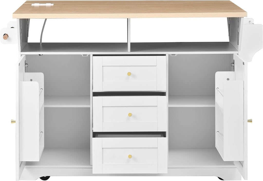 JIJIWANG Multifunctional Extendable Kitchen Island Cart with with Towel Rack,Spice Rack Shelf US Standard Outlet, 47 * 18 * 36inch,5 Wheels Mobile Kitchen Storage Cabinet,1 inchThick Top Board,White