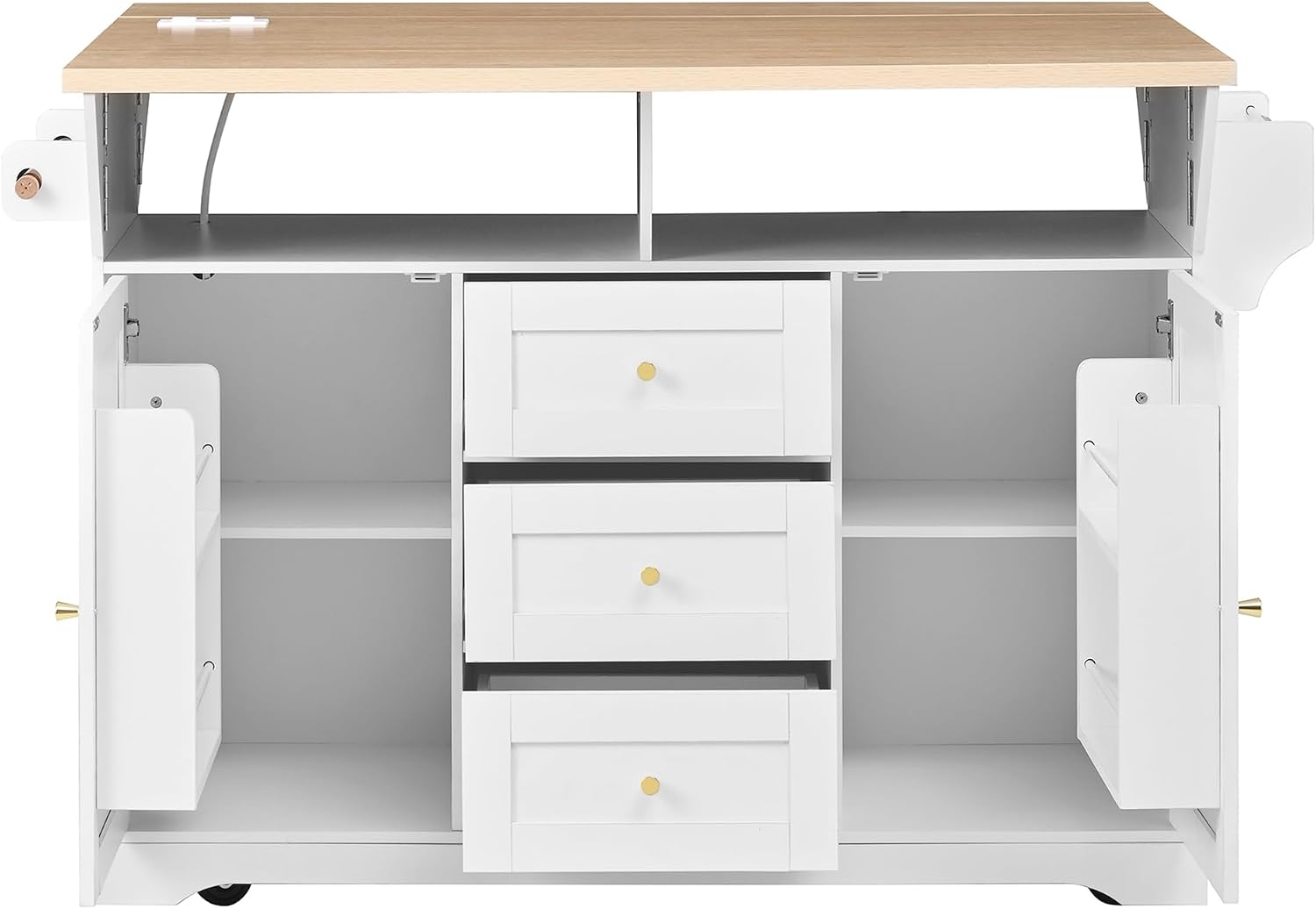 JIJIWANG Multifunctional Extendable Kitchen Island Cart with with Towel Rack,Spice Rack Shelf US Standard Outlet, 47 * 18 * 36inch,5 Wheels Mobile Kitchen Storage Cabinet,1 inchThick Top Board,White