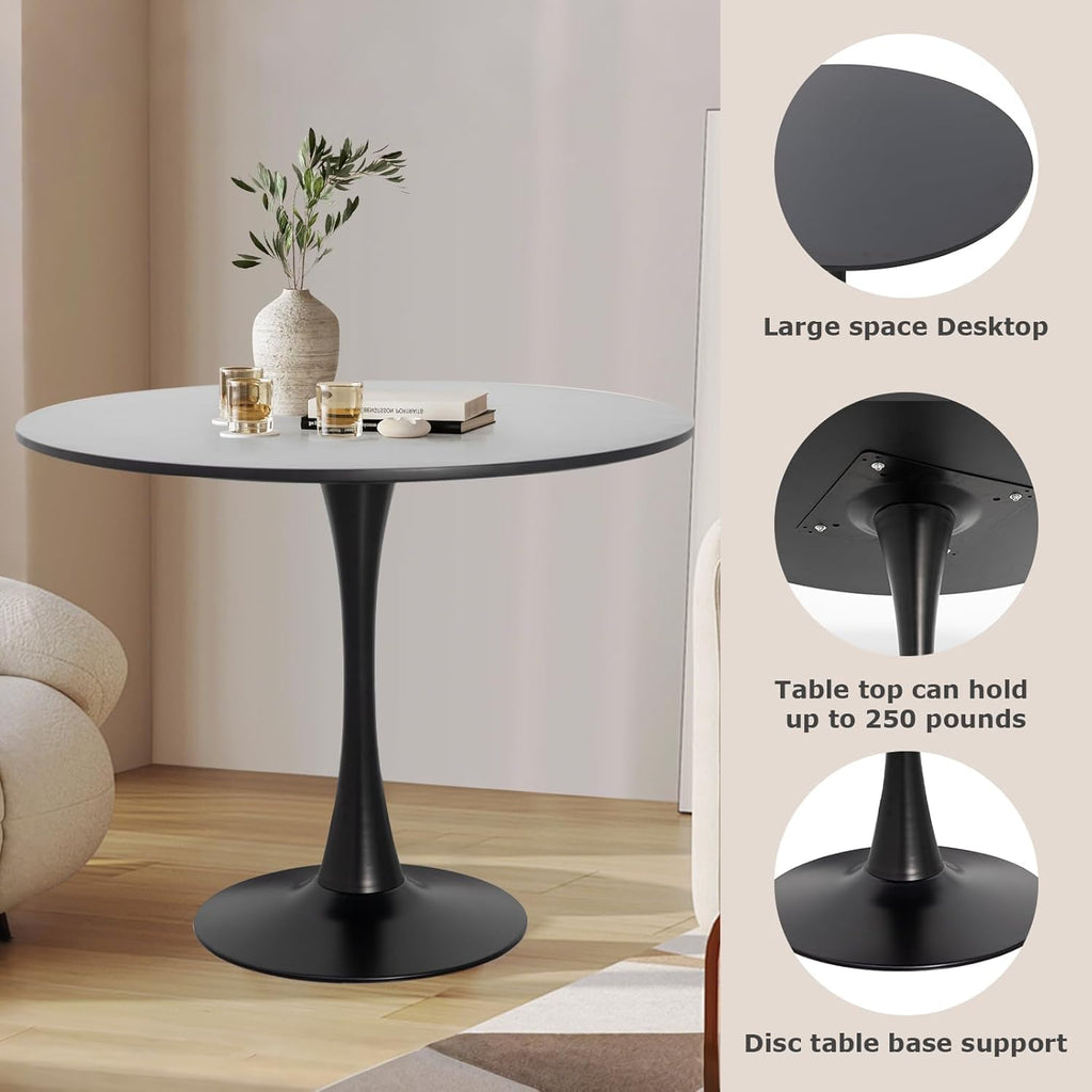 3-Pieces Dining Sets, 31.5" Round Dining Table Set with 2 Velvet Upholstered Dining Chairs,Wooden Legs Design for Kitchen Dining Room Apartment Small Space(1 Black Table with 2 Black&Wine Red Chairs)