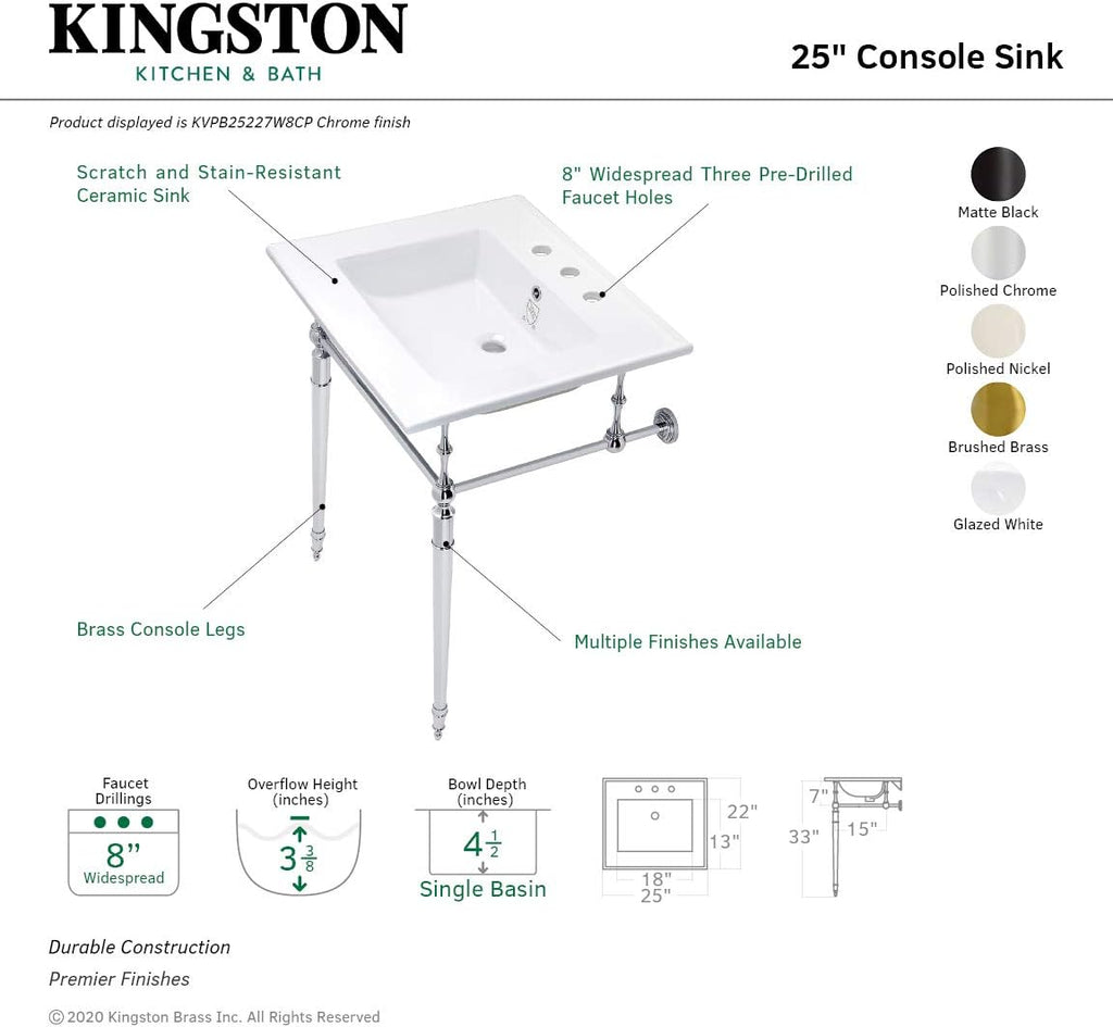 Kingston Brass KVPB25227W8PN Edwardian 25-Inch Console Sink with Brass Legs (8-Inch, 3 Hole), White/Polished Nickel