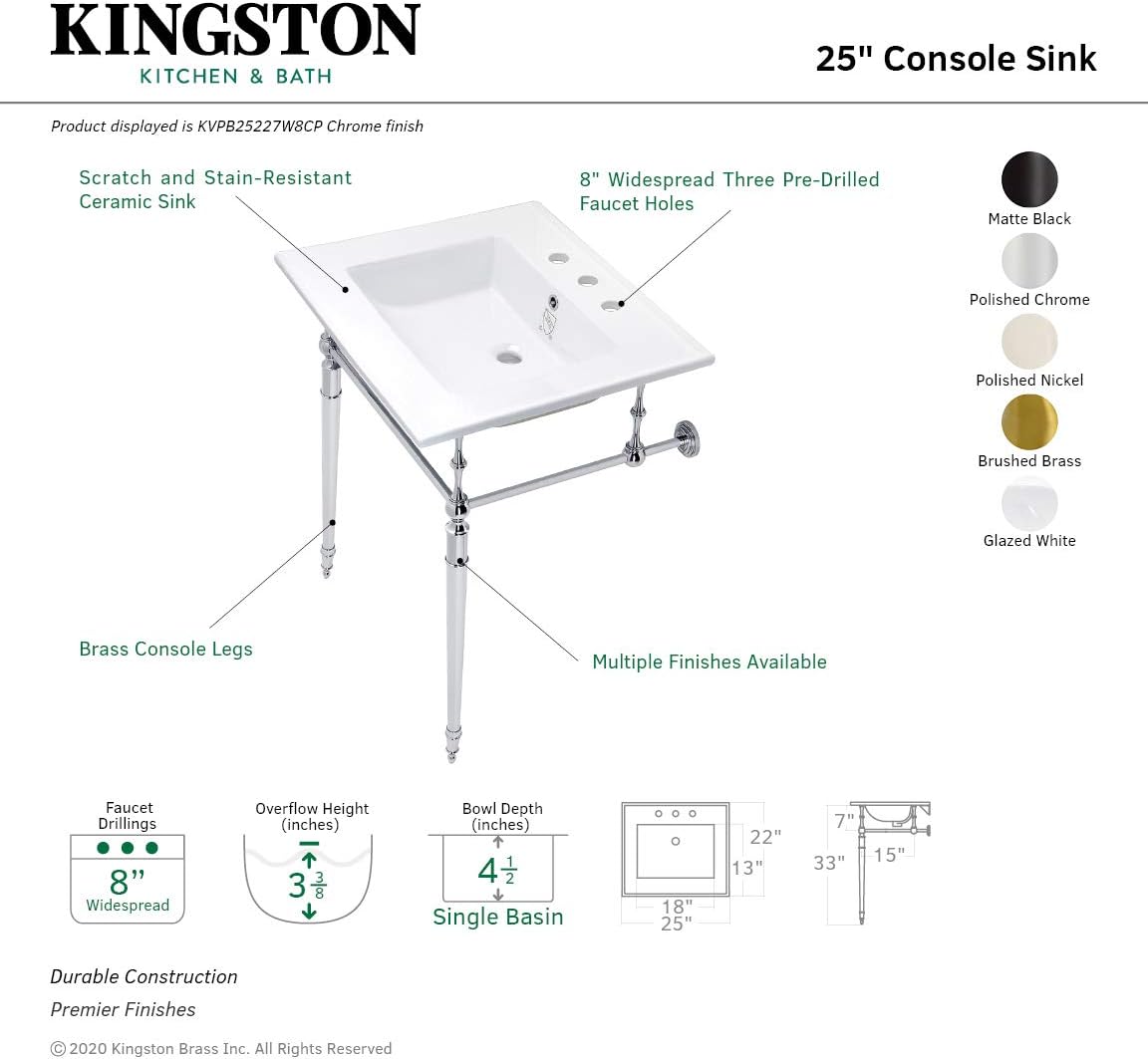 Kingston Brass KVPB25227W8PN Edwardian 25-Inch Console Sink with Brass Legs (8-Inch, 3 Hole), White/Polished Nickel