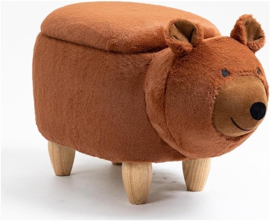Pemberly Row Modern Fabric Bear Storage Ottoman, Soft Fur-Like Fabric, Brown/Natural Finish, Solid Wood Legs, Hidden Storage, 14.17" H x 13.8" W x 24.8" D, Living Room, Kids' Room, Playroom Accent