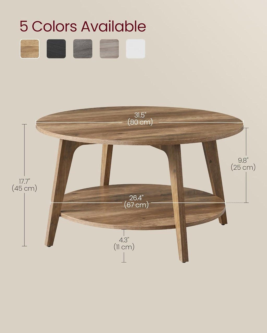 VASAGLE MAEZO Collection - Round Coffee Table, 2-Tier Center Table with Storage, Tapered Legs, Curved Transitions, 31.5 Dia. x 17.7 H Inches, Easy Assembly, for Living Room, Honey Brown ULCT243K41
