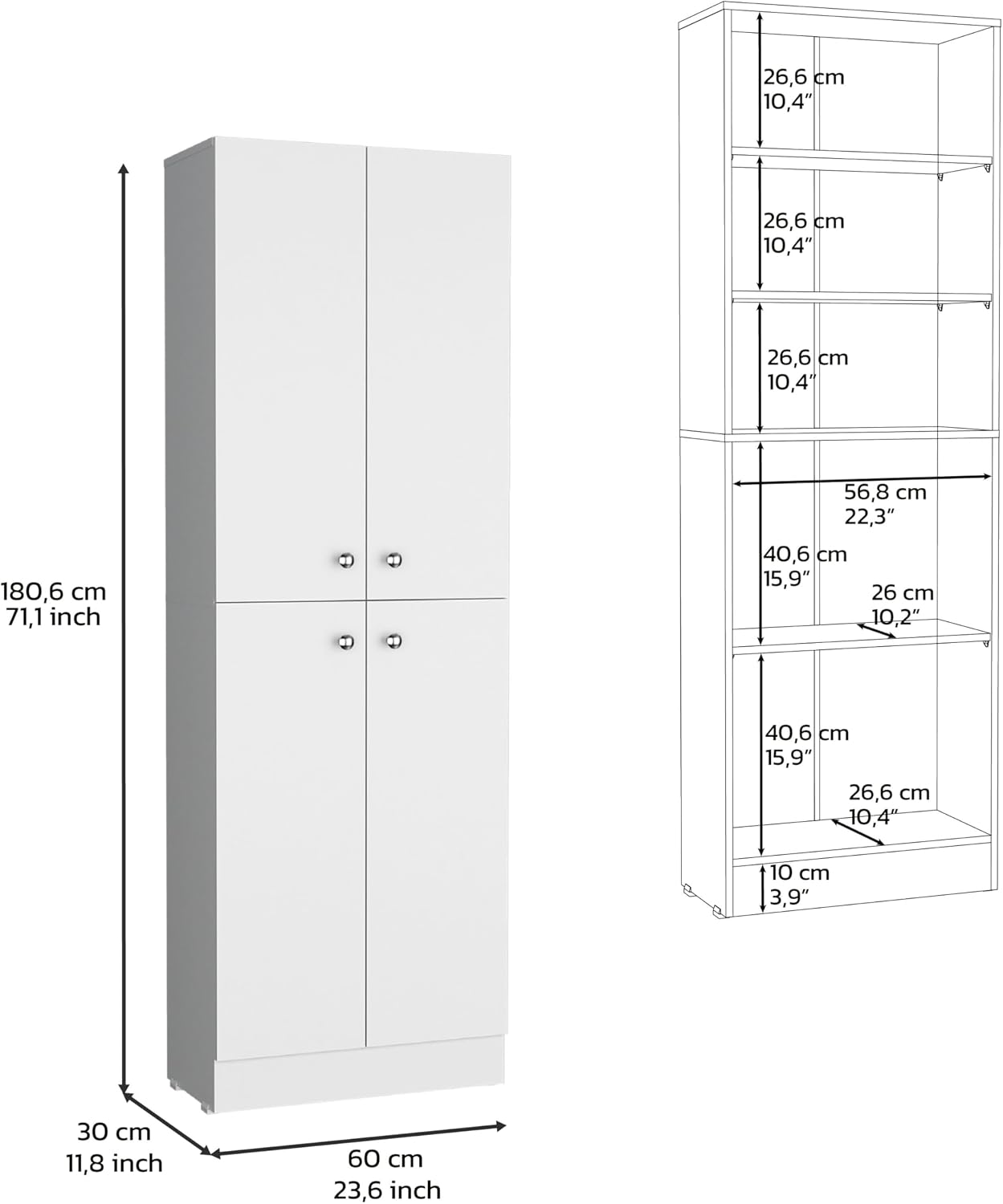 71" Tall Pantry with 4 Doors & 5 Adjustable Shelves - White - Ideal for Kitchen Storage & Laundry Room Organization
