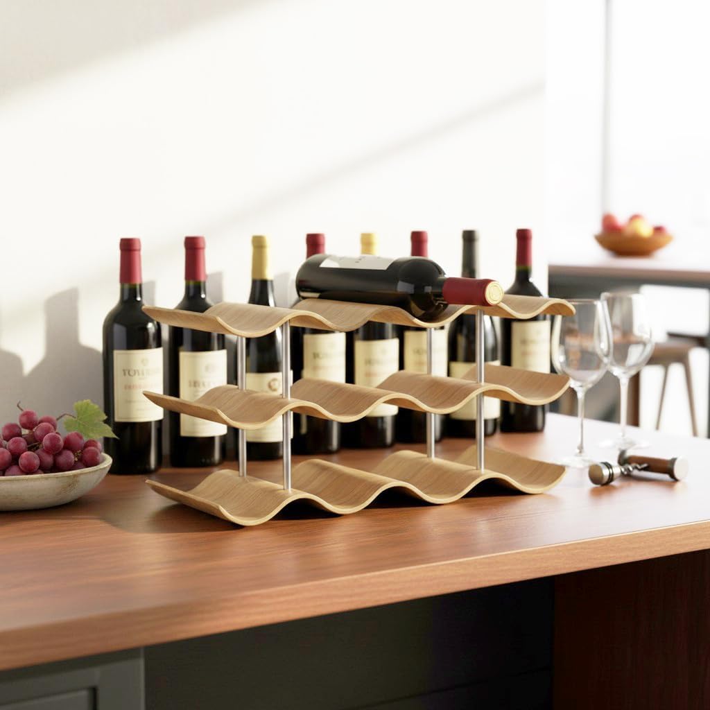 3-Tier Wine Rack Countertop, 12 Bottles Wooden Wine Holder Inserts for Cabinet, Freestanding Wine Shelf Storage Organizer for Bar or Pantry