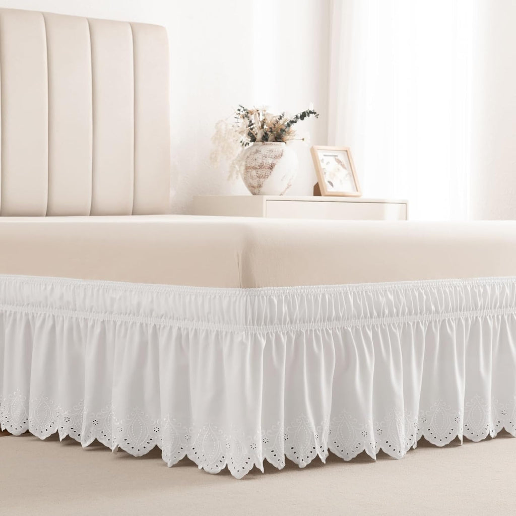 Eyelet Bed Skirt, Ruffled Design, 15 Inch Drop, Embroidered Scalloped Edge, Soft and Stylish, Easy On/Off Dust Ruffle (White,Full 54"x75")