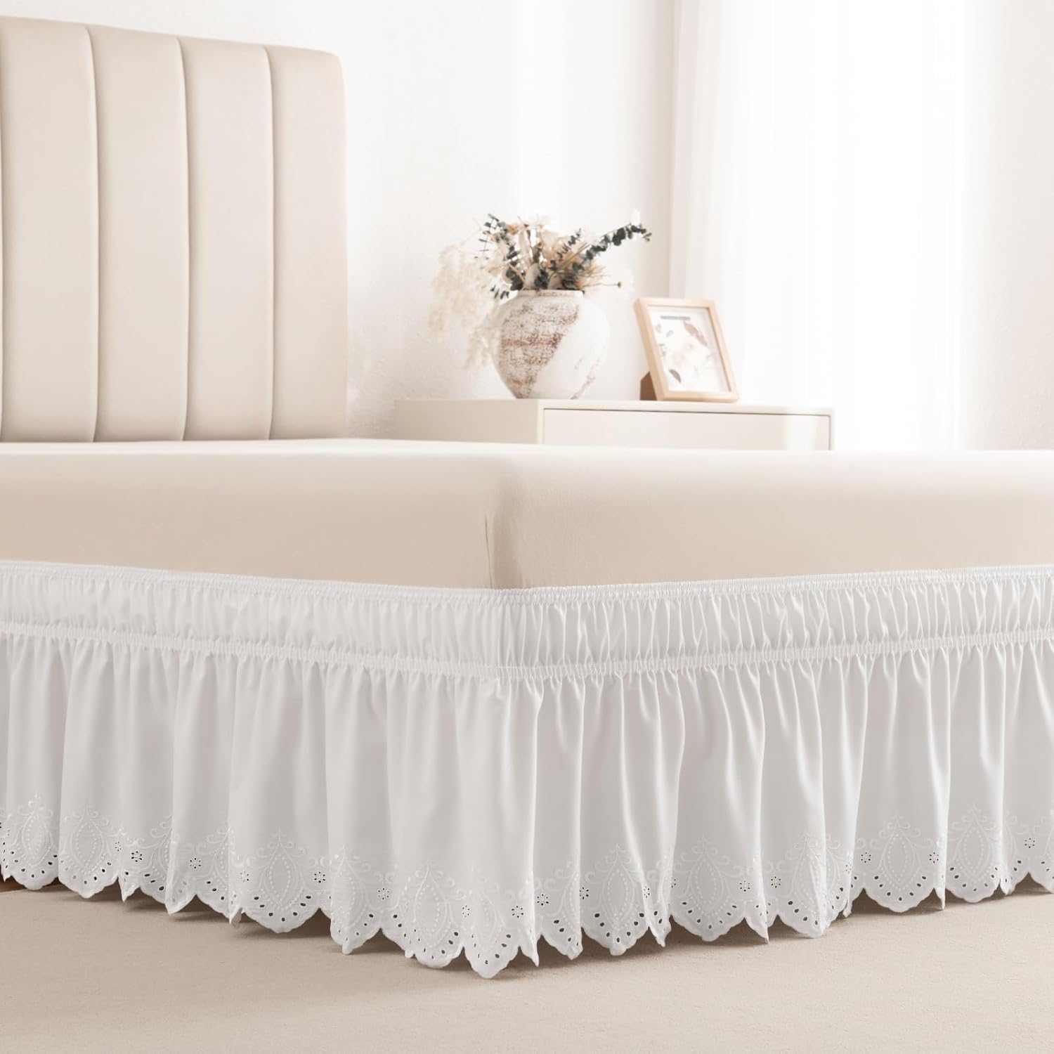 Eyelet Bed Skirt, Ruffled Design, 15 Inch Drop, Embroidered Scalloped Edge, Soft and Stylish, Easy On/Off Dust Ruffle (White,Full 54"x75")