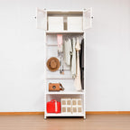 White Steel Wardrobe with Arched Sunlight Panel Doors, Hanging Rail, Open Shelves, 95.1 in Tall, Modern Bedroom Closet Organizer (White1)
