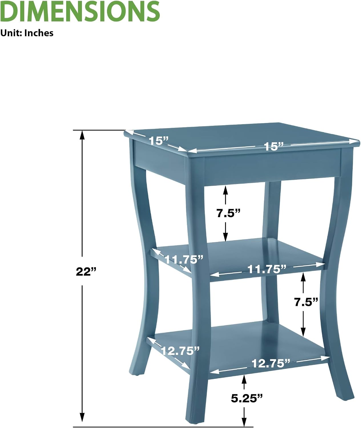 OSP Home Furnishings Golden Side Table with Lower Shelves, Solid Wood Construction, Square with Curved Legs, Blue Finish
