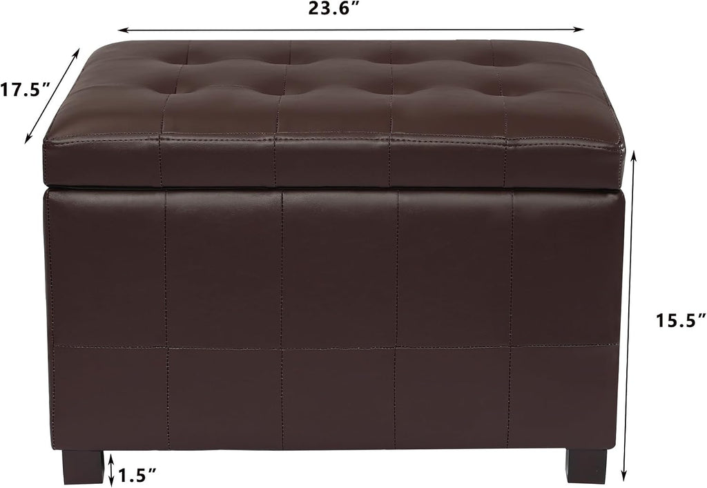 Asense 24-Inch Storage Ottoman Bench,Foot Stool Ottoman with Storage, Faux Leather Upholstered Foot Rest Seat with Safety Hinge,Wood Legs Stool for Living Room, Bedroom,Entryway,Chocolate Brown