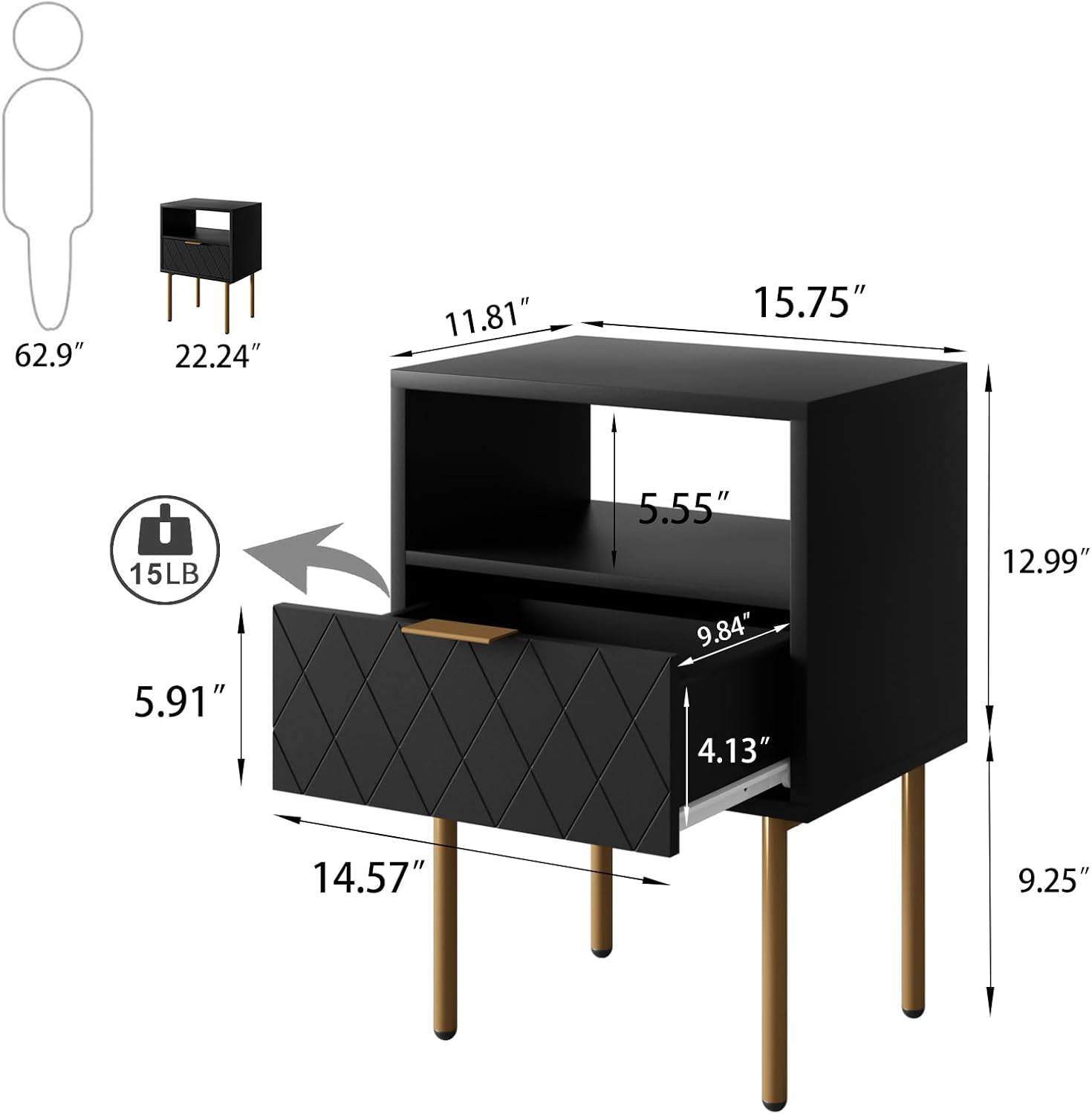 Aienvey Nightstand with Charging Station, Small Side Table, Modern Night Stand with Drawers, Bedside Table for Bedroom, Living Room End Table (Black Rhombus)