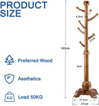Solid Wood Coat Rack with 7 Rounded Hooks for Hanging, Tree Stand Coat Rack on Feet, Tree Shaped with 6 cm Thickened Main Pole, for Coats, Hats