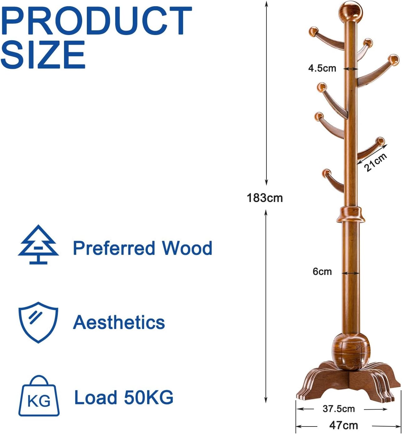Solid Wood Coat Rack with 7 Rounded Hooks for Hanging, Tree Stand Coat Rack on Feet, Tree Shaped with 6 cm Thickened Main Pole, for Coats, Hats