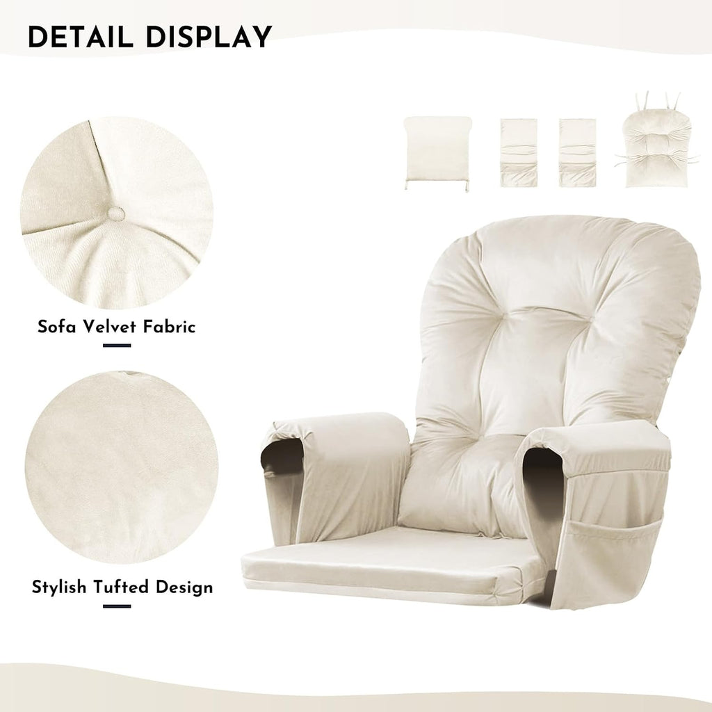 Lucky Monet 5Pcs Glider Rocker Replacement Cushions - Velvet Glider Cushions Replacement Set with Side Storage Pockets, Thick Glider Chair Cushions Washable & Non Slip, Cushion ONLY - Beige