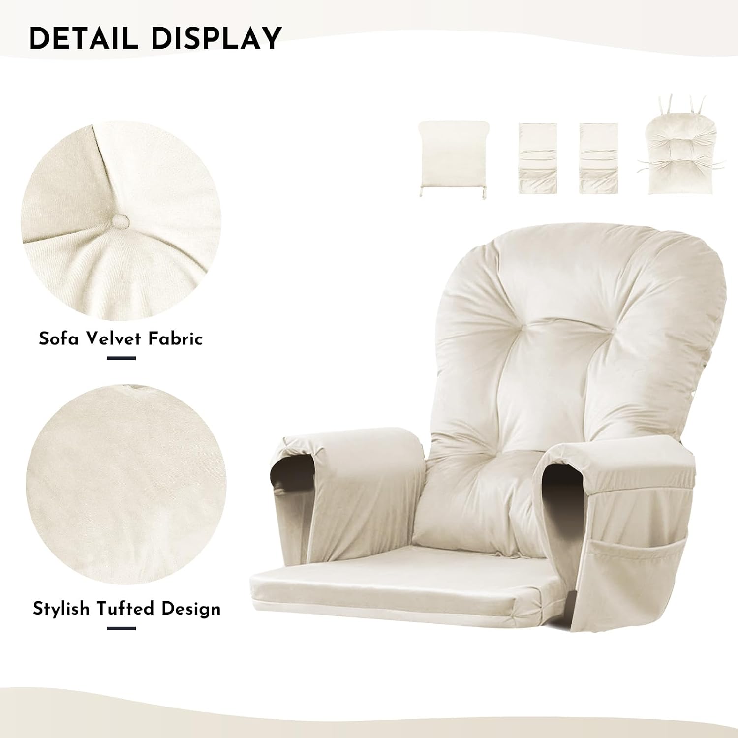 Lucky Monet 5Pcs Glider Rocker Replacement Cushions - Velvet Glider Cushions Replacement Set with Side Storage Pockets, Thick Glider Chair Cushions Washable & Non Slip, Cushion ONLY - Beige