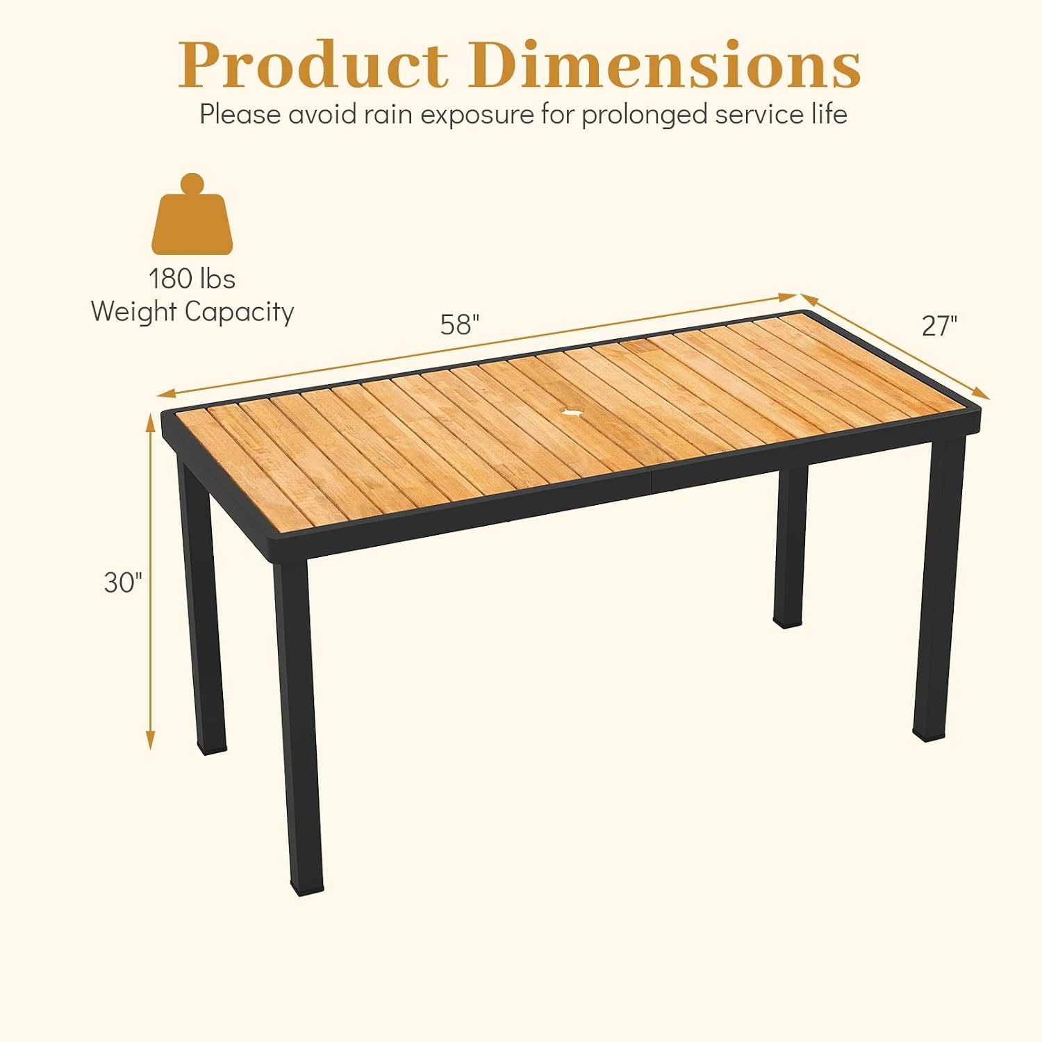Tangkula 58" Rectangular Patio Dining Table for 6, Acacia Wood Outdoor Table with Slatted Top, 1.97" Umbrella Hole and Heavy Duty Metal Frame, Outside Table for Porch, Garden, Yard, Deck and Poolside