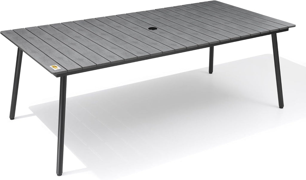 83" Patio Outdoor Dining Table for 6-8, Weather-Resistant Aluminum Frame with Wood-Grain Top & Umbrella Hole for Deck Gatherings, Grey