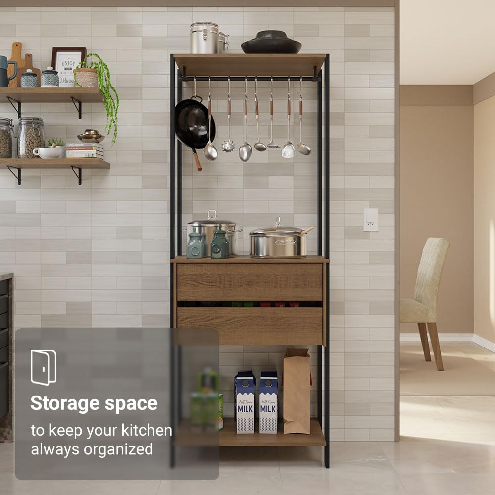 Madesa Kitchen Pantry Storage Rack 27" L with 2 Drawers and Hanging Space Multiuse Cabinet - Black/Brown