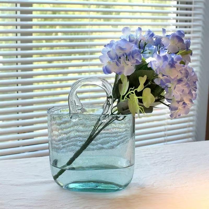 Glass Purse Vase, Handbag-Shaped Flower Vase with Handle, Clear Glass Vases for Home Décor, Weddings, Events, Office, or Table Centerpieces ﻿(Blue)