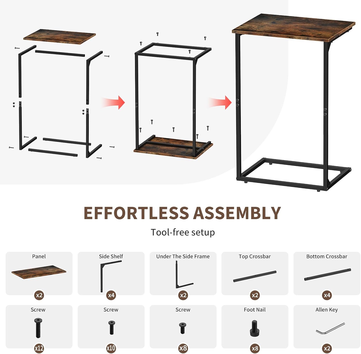 C Shaped End Tables Set of 2, Couch Tables that Slide Under Sofa, High Table TV Trays for Living Room & Bedroom, Modern Side Tables with Sturdy Metal Frame, Rustic Brown (Rustic Brown)