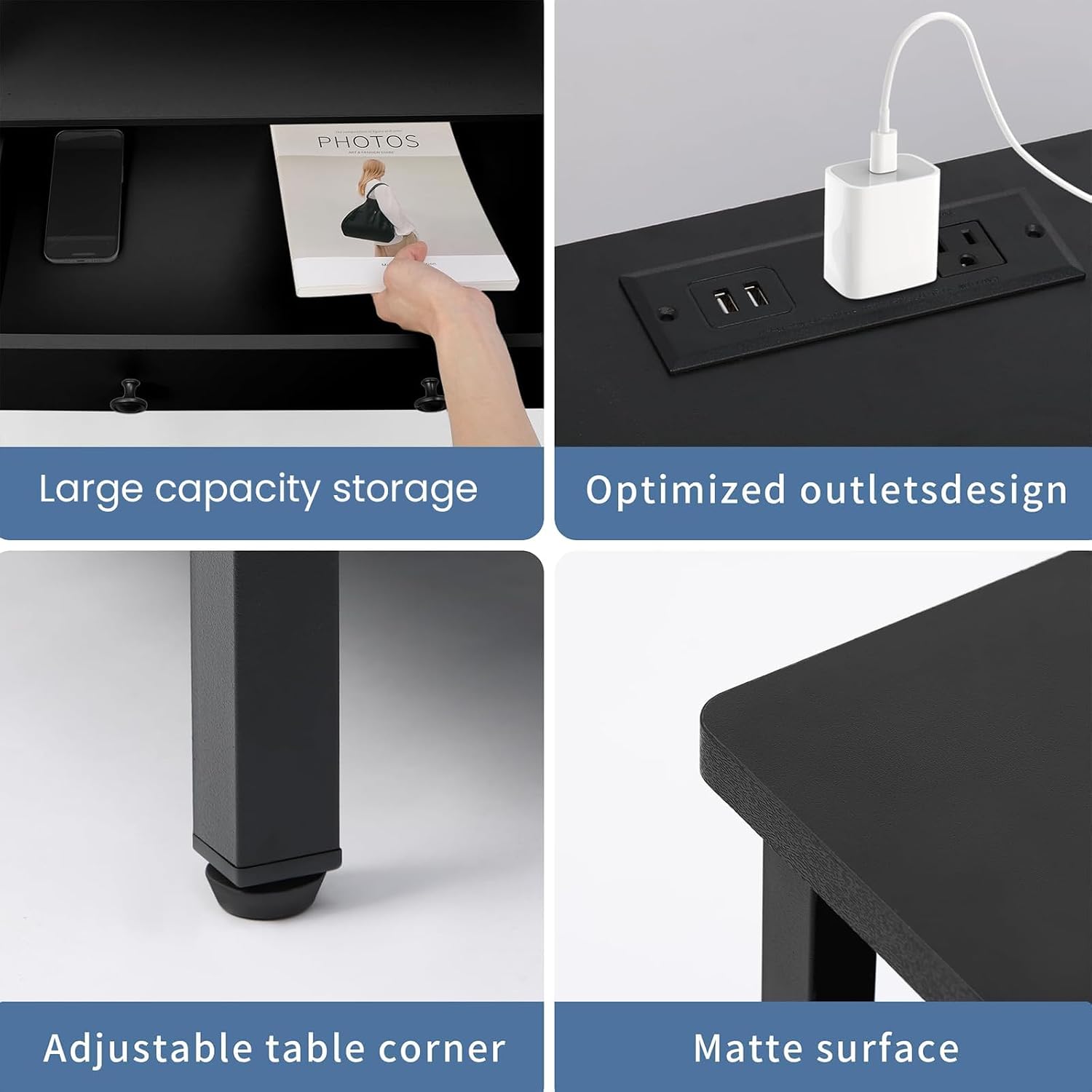 Edbuosy 27" Wide Nightstand with Charging Station & 3 Drawer, Black | Small Dresser for Closet, 2 AC Outlets & 2 USB Ports, Open Shelf, Adjustable Feet, Wood Nightstand for Living Room or Bedroom