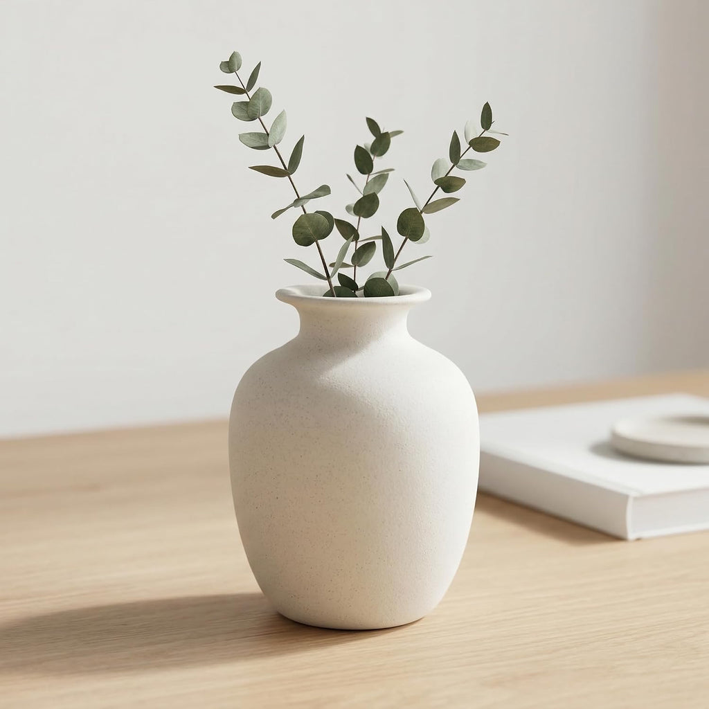 Rustic Farmhouse Vase for Pampas Grass, Beige Ceramic Vase for Flowers, 7 Inch Boho Vases for Home Decor, Aesthetic Desk, Night Stand, Book Shelf Decor