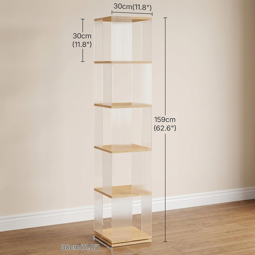 YATINEY 5-Tier Rotating Bookshelf, 360 Spinning Bookcase Tower, Corner Bookshelf with Clear Acrylic Sides, Tall Narrow Space-Saving Bookcase for Bedroom, Living Room, Office, Square, Natural SJ13WN