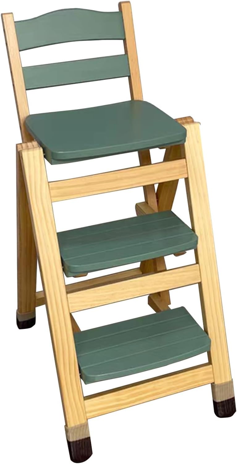 Folding Bar Stool, 3 Step Multifunction Portable Adults Solid Wood Ladder Stool for Household Kitchen, Bathroom Storage Shelf, Green