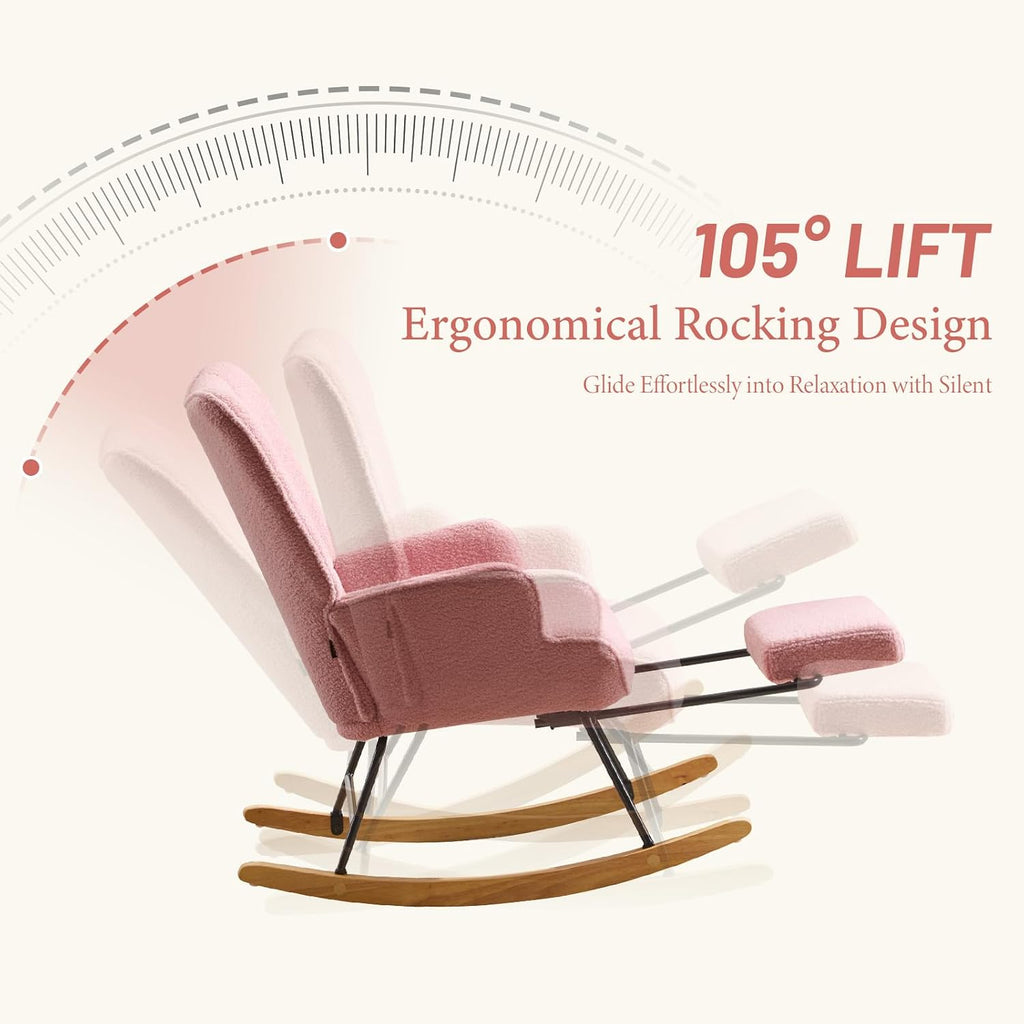 Furniliving Nursery Rocking Chair Armchair Upholstered Glider Rocking Chair Accent Chair with Retractable Footrest Reading Chair with High Backrest Solid Wood Base for Bedroom, Pink, Teddy, 2PCS