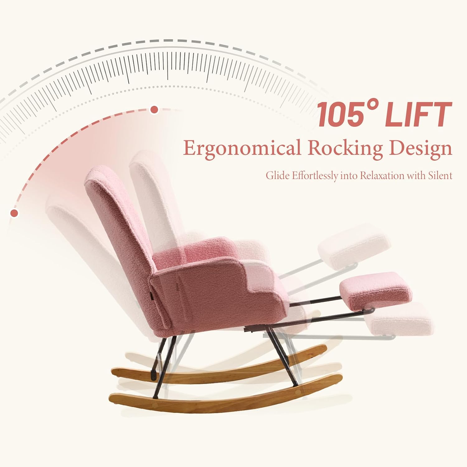 Furniliving Nursery Rocking Chair Armchair Upholstered Glider Rocking Chair Accent Chair with Retractable Footrest Reading Chair with High Backrest Solid Wood Base for Bedroom, Pink, Teddy, 2PCS