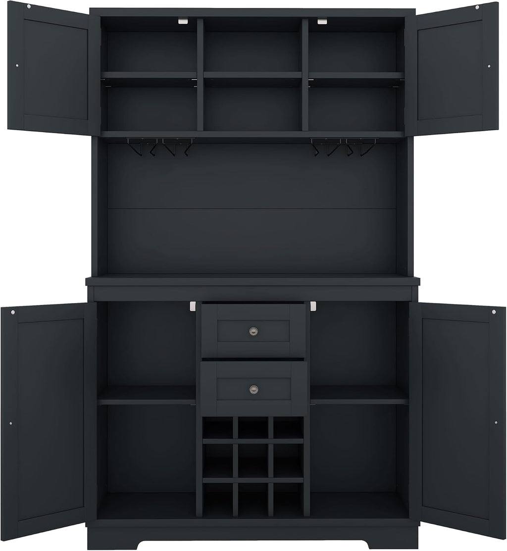 Coffee Bar Cabinet with Storage, 9-Grid Wine Rack & Drawers, Farmhouse Kitchen Buffet with Glass Hooks for Dining Room, Living Room, Kitchen (Blue, 73")
